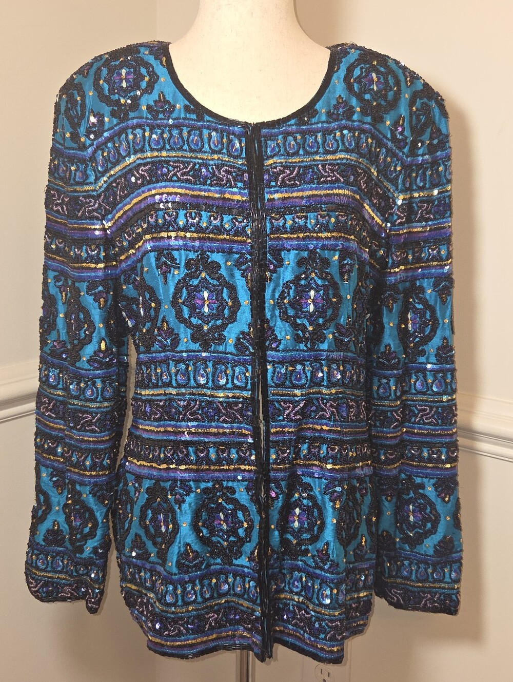Vintage Niteline Della Roufogali Silk Beaded Sequin Jacket M Maximalist 90s Glam